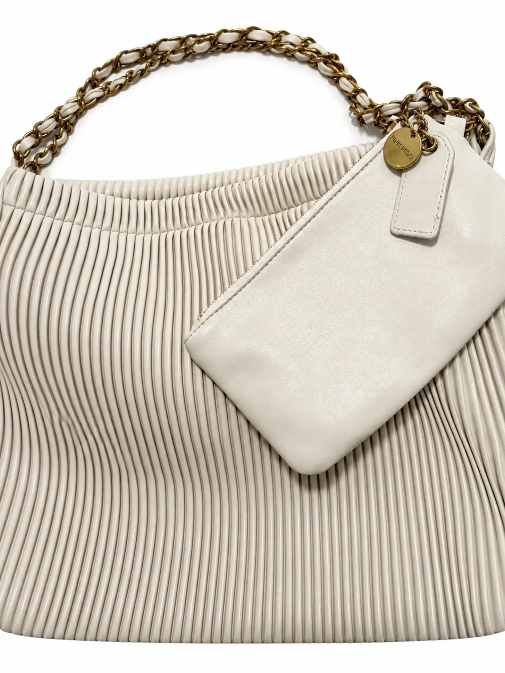 Pixie Mood Elegant Cream Pleated Shoulder Bag with Gold Chain